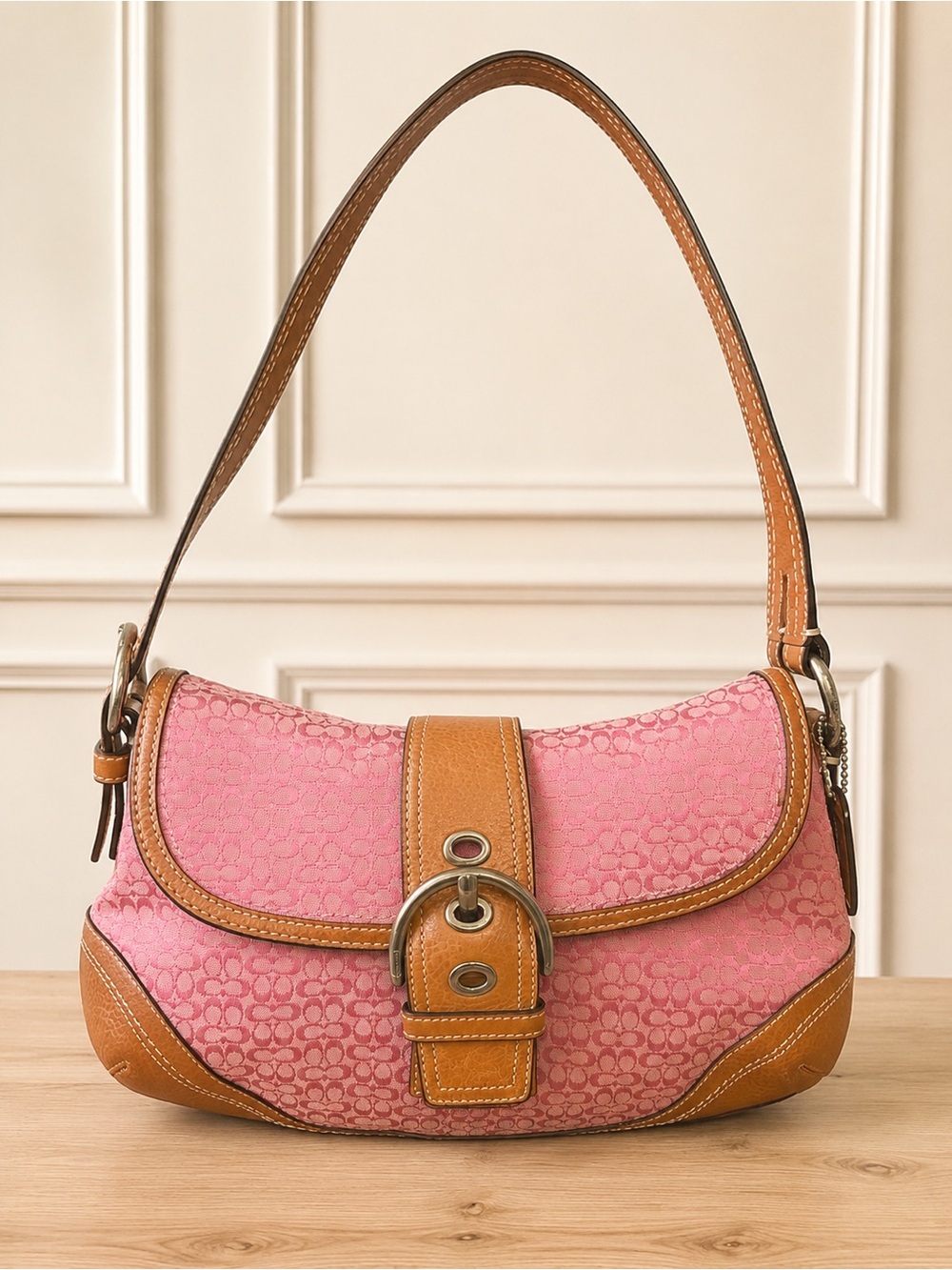 Pink Shoulder Bag with Tan Trim - Classic Women's Purse